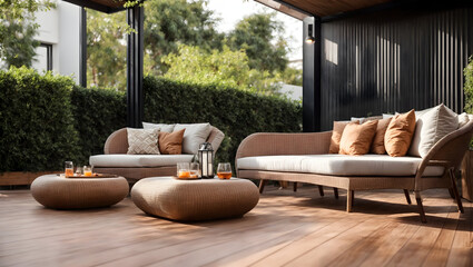 Contemporary outdoor lounge in backyard Terrace house with wooden floor comfy seating and wicker ottoman Cozy patio or balcony space for relaxation Wooden veranda with outdoor furniture copy space - obrazy, fototapety, plakaty
