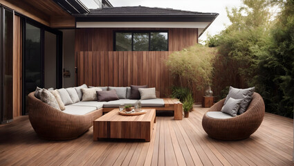 Contemporary outdoor lounge in backyard Terrace house with wooden floor comfy seating and wicker ottoman Cozy patio or balcony space for relaxation Wooden veranda with outdoor furniture copy space