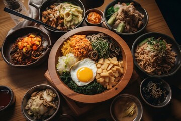 korean bibimbap bowl on table top, asian dish, keto, generative ai