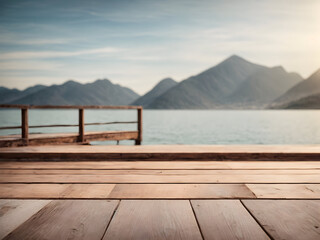 Empty wooden floor for product display montages with sea and mountain background with copy space 