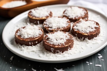 Fototapeta na wymiar nutella bruschetta sprinkled with desiccated coconut, served on a round white plate