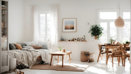 Homeliness small beloved Living place. walls is white color. natural light. - obrazy, fototapety, plakaty