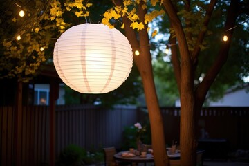 Obraz premium a lit paper lantern hanging from a backyard tree