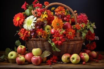 Obraz na płótnie Canvas vibrant autumn flowers and apples arranged in a basket