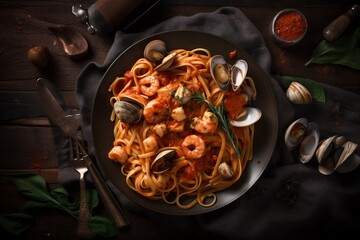 seafood marinara pasta with mussels oysters and Italian pasta, top view, cookbook illustration, generative ai - obrazy, fototapety, plakaty