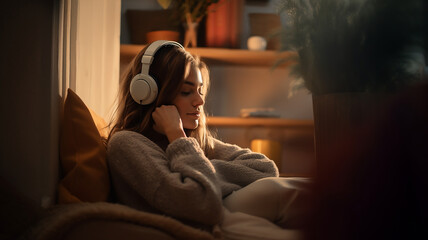 Obraz premium A woman is listening to music with a headphone