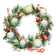 Fototapeta na wymiar Christmas wreath. Ornaments from the branches painted with watercolors on white background. Generative AI