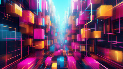 a bright pink and yellow abstract design, in the style of futuristic cityscapes, cubo-futurism, luminous 3d objects, dark yellow and light cyan, passage, abstraction-création, decorative backgrounds