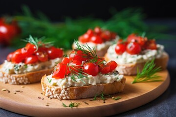 close-up of vegan cream cheese, cherry tomato and fresh dill bruschetta