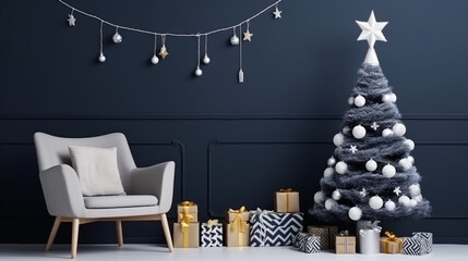 Christmas tree in the interior. Scandinavian style, minimalism. Dark blue wall, grey chair. ai
