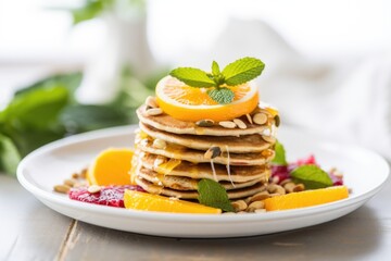 Obraz na płótnie Canvas vegan pancakes with a bright citrus salad topping
