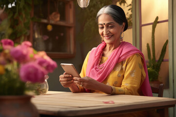 Elderly Indian woman looking at her smartphone - obrazy, fototapety, plakaty