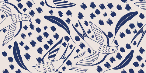 Hand drawn mixed style ornament seamless pattern with birds. Abstract trendy print.
