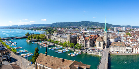 Zurich skyline with lake from above panorama in Switzerland