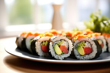 a plate of sushi rolls bathed in soft, natural light