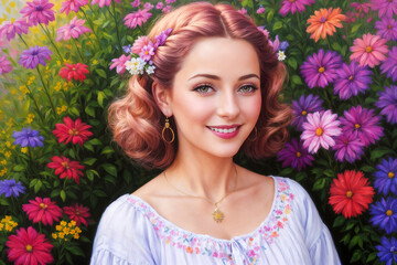 Naklejka premium portrait of a beautiful girl posing against the background of nature with flowers and trees on a bright sunny day