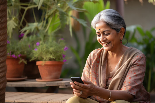 elderly indian woman looking at smartphone