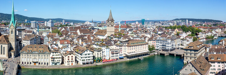 Fototapeta na wymiar Zurich skyline with Linth river from above panorama in Switzerland