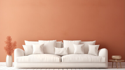 Fototapeta na wymiar fabric sofa with white and terra cotta pillows. French country home interior design. ai generative