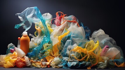 Background of diverse colorful plastic packs and bottle mixed together. concept environmental pollution and plastic recycling. AI - obrazy, fototapety, plakaty