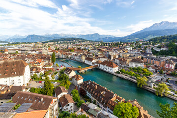 Naklejka na ściany i meble Lucerne city at Reuss river with Spreuerbrücke bridge from above in Switzerland