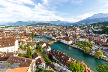 Foto op Canvas Lucerne city at Reuss river with Spreuerbrücke bridge from above in Switzerland © Markus Mainka