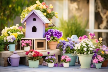 Fototapeta na wymiar outdoor spring decor with blooming flowers and birdhouses