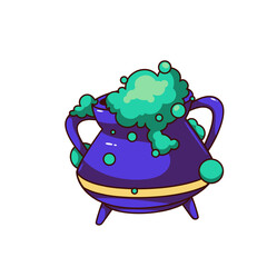 Groovy Halloween cauldron with potion of witch vector illustration. Cartoon isolated retro sticker of old hot pot to brew scary green alchemy liquid with bubbles, psychedelic soup for Halloween party