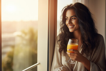 young Indian woman holding a glass of fresh juice - obrazy, fototapety, plakaty
