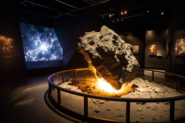 An exhibit in a museum showcasing a large meteorite stone, displayed on a pedestal with a detailed informational plaque - obrazy, fototapety, plakaty