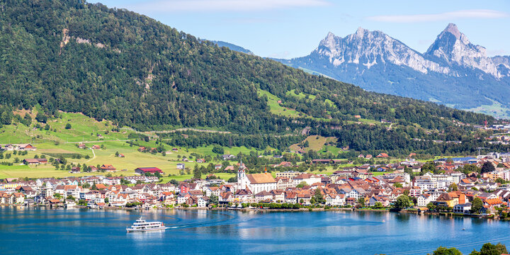 Arth at lake Zug in the Swiss Alps mountains with Kleiner and Grosser Mythen mountain peaks panorama in Switzerland