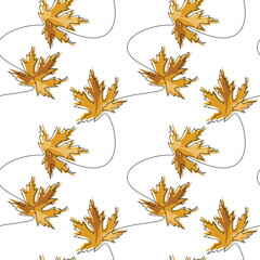 Autumn yellow leaves seamless pattern vector. Line continuous maple leaf icon. Floral illustration. Botanical backdrop. Wallpaper, graphic background, fabric, textile, print, card, banner, backdrop.