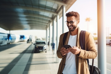 Handsome middle eastern man at airport terminal outdoor entrance. Smiling Arab businessman using phone while standing near terminal entrance. - obrazy, fototapety, plakaty
