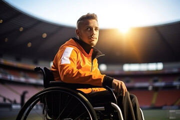 Handsome disabled football player in a wheelchair on a stadium. Person with a disability and ex successful soccer player concept.