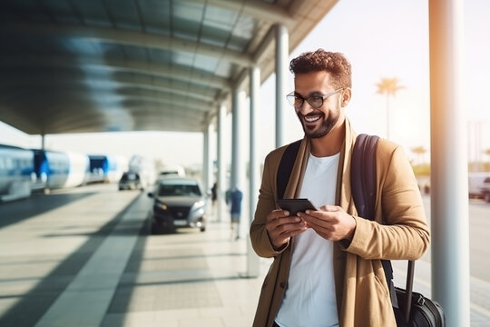 Handsome middle eastern man at airport terminal outdoor entrance. Smiling Arab businessman using phone while standing near terminal entrance.
