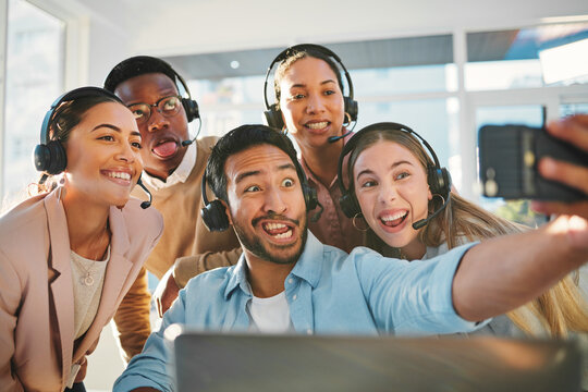 Call center, employee or selfie at office or smile fun, consultant or bonding together. Diversity colleagues, support service or funny face for collaboration telemarketing, picture or team building