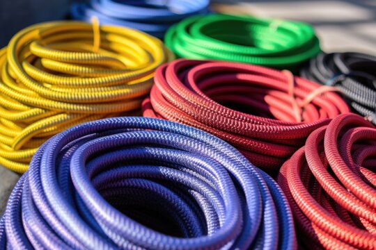 side view of coils of climbing rope in different colors