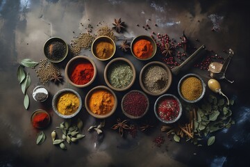 Obraz na płótnie Canvas from above of various spices in bowls on dark grunge background, food style photography, top view, generative ai