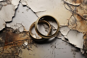 cracked wedding rings beside a faded wedding photo