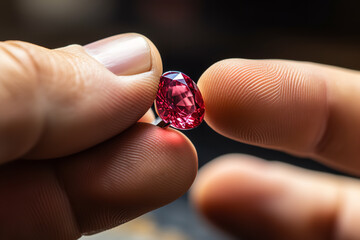 A gemologist inspecting a precious ruby, focusing on its color, cut, clarity, and carat weight
