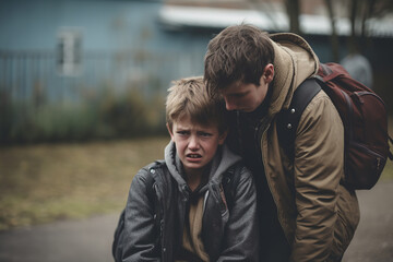 Young boy comforting consoling upset sad friend in school yard. - obrazy, fototapety, plakaty