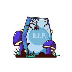 Groovy Halloween grave in cemetery vector illustration. Cartoon isolated retro scary spooky sticker of old tombstone with psychedelic trippy mushrooms and spider on web, Halloween party at graveyard