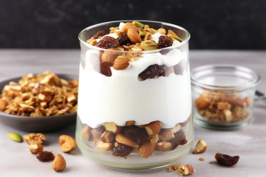 greek yogurt parfait with mixed nuts and raisins