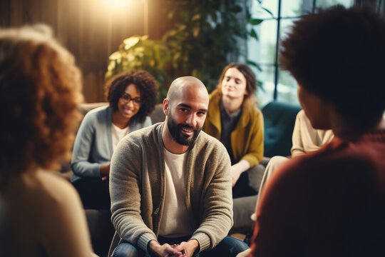 Happy millennial diverse group discussing personal problems, sharing experience, giving advice, help and comfort. Mental health concept.