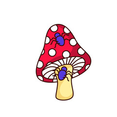 Groovy Halloween mushroom vector illustration. Cartoon isolated retro weird sticker of fly agaric with cute fantasy purple bugs from psychedelic acid trip and hallucinations, funny mushroom mascot