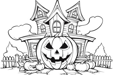 Vector coloring page or book for Halloween with spooky haunted mansion and pumpkins. Cute and scary outline drawing for holiday and kid