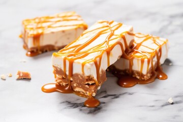 protein bars with caramel topping on a marble slab