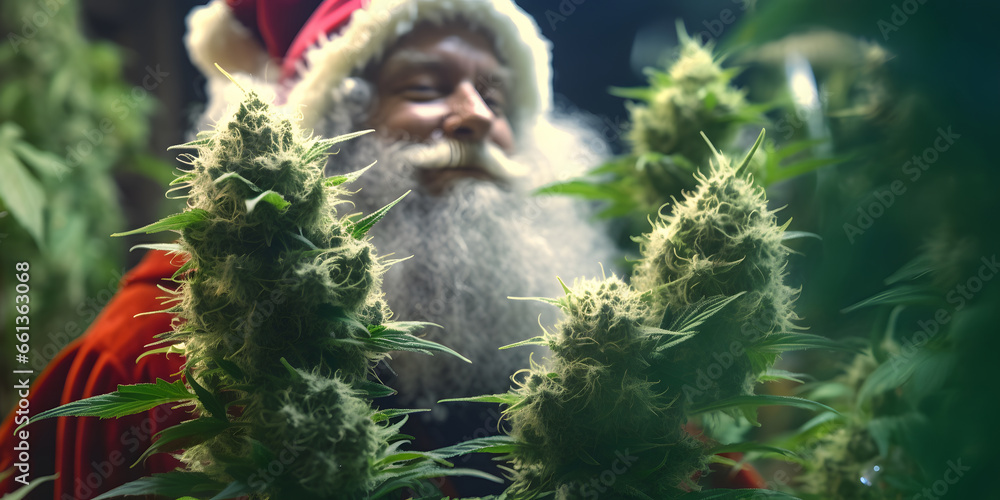 Wall mural santa claus harvesting marijuana at christmas