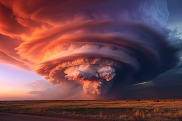Beautifully structured supercell thunderstorm, sunset sky. - obrazy, fototapety, plakaty