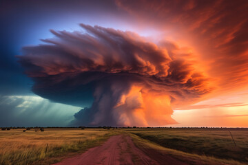 Amazing supercell thunderstorm over the Great Plains at sunset.